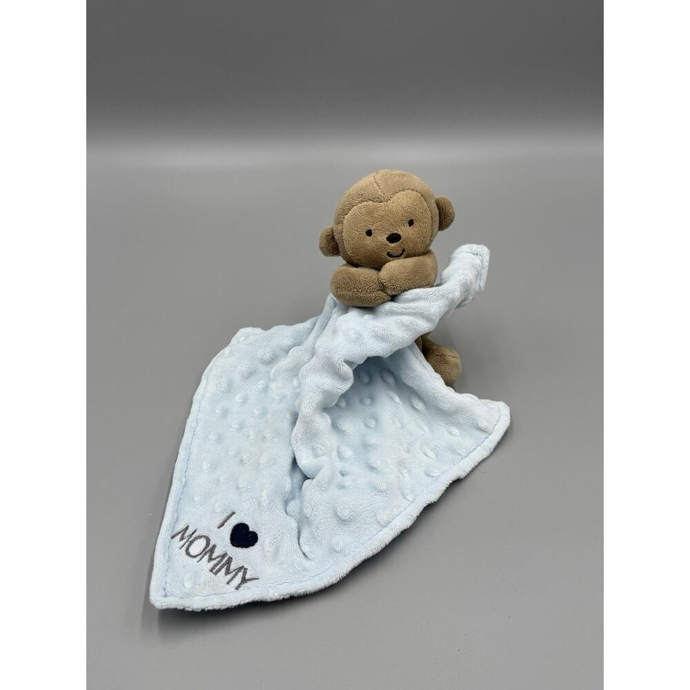 Child Of Mine Monkey Lovey I Love Mommy Blue Security Blanket Rattle Minky Dots